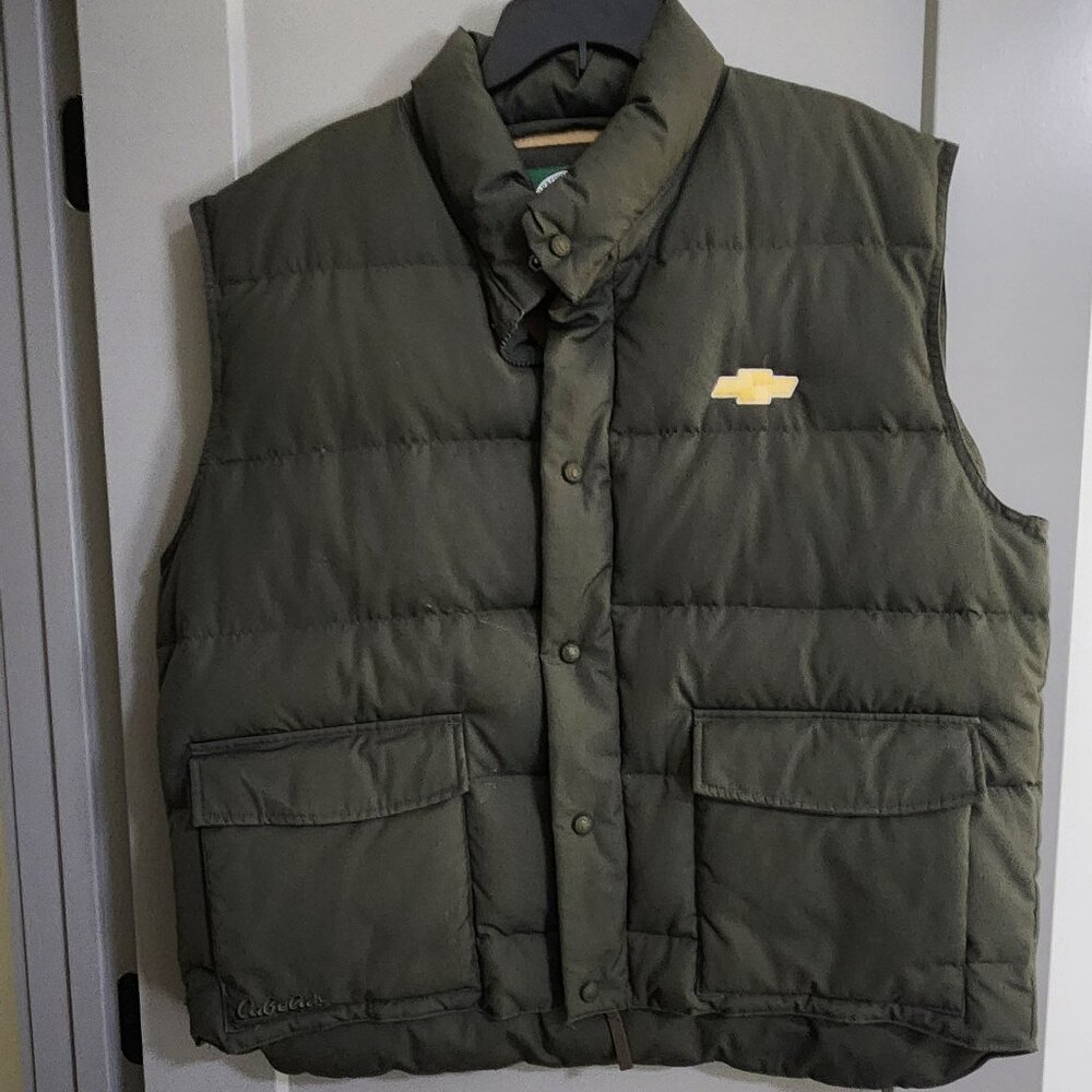 cabela's premier northern goosedown vest with chevy emblem